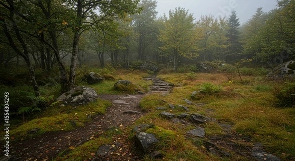 Fototapeta Misty forest path through clearing