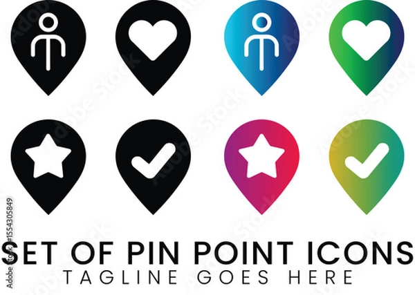 Fototapeta Pinpoint icon set with person, heart, star, checkmark in various colors