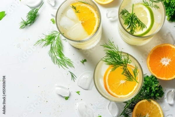 Fototapeta Refreshing summer lemonade with ice, dill, lemon and orange on white table