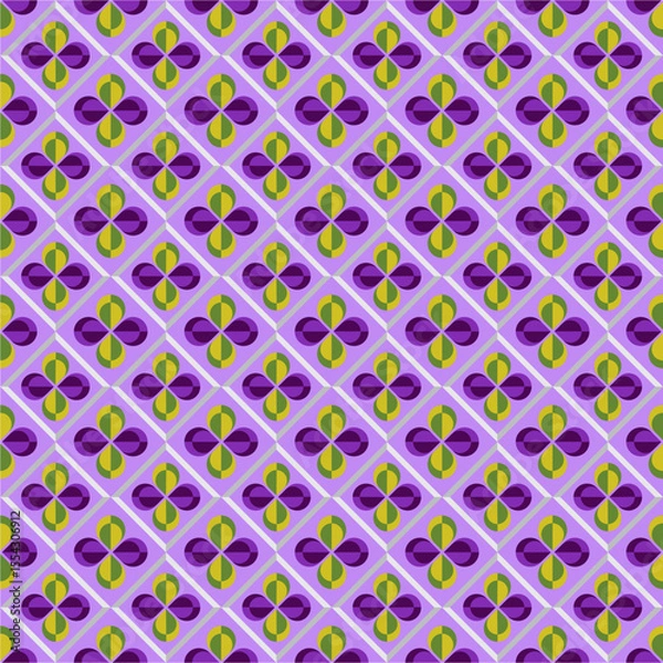 Obraz Vibrant Retro Floral Tile Pattern in Purple and Lime, Seamless Geometric Background Ideal for Textile Prints, Wallpapers, Stationery, Wrapping Paper, and Modern Digital Art Projects.