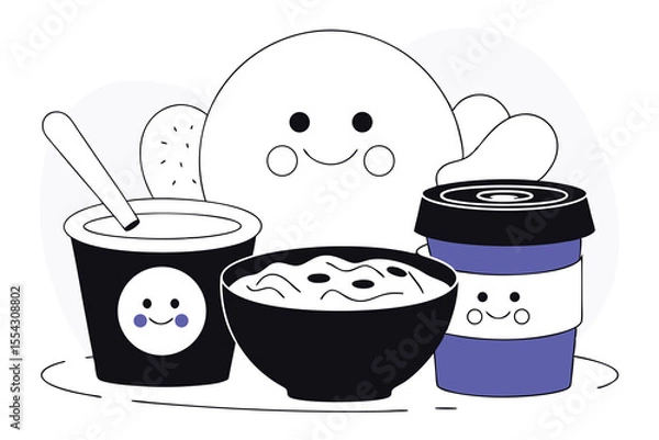 Fototapeta Vector microflora and probiotics  joyfully interacting with food items like yogurt, miso, sauerkraut