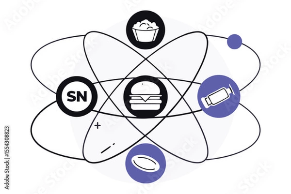 Fototapeta Vector snacks rotate in stylized electron orbits around nuclei labeled with food elements.