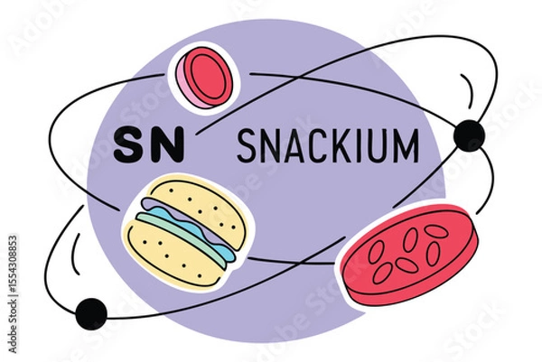 Fototapeta Vector snacks rotate in stylized electron orbits around nuclei labeled with food elements