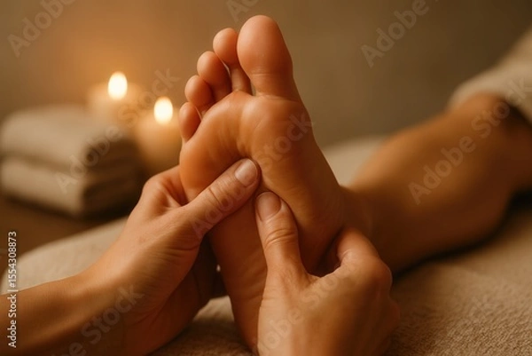 Fototapeta Close-up of relaxing foot massage with warm candlelight in spa setting. Connection, relief, and holistic body care.