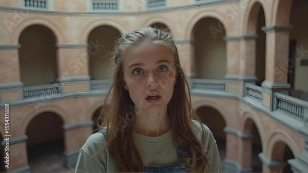 Fototapeta Astonished Teenager in Ancient Architecture Wide-Eyed Wonder in Soft Daylight