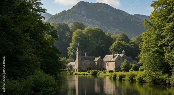 Fototapeta Stone building near serene waterway in forest