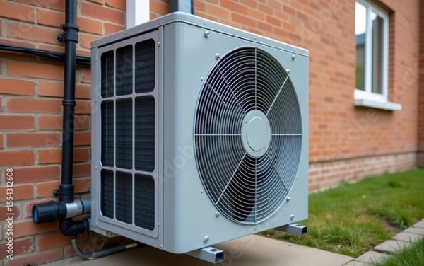 Fototapeta Air conditioning unit installed on a brick wall outside a building.
