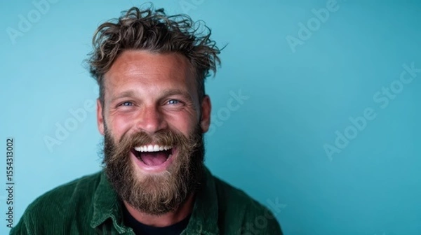 Fototapeta A joyful and bearded man bursts into laughter beneath a bright blue background, radiating warmth and positivity with his dynamic energy and genuine expression.