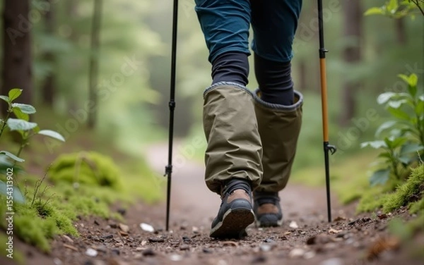 Obraz Hiker wears waterproof gaiters over trekking boots walking with hiking sticks. Clothing and equipment for backpacking and camping. High quality