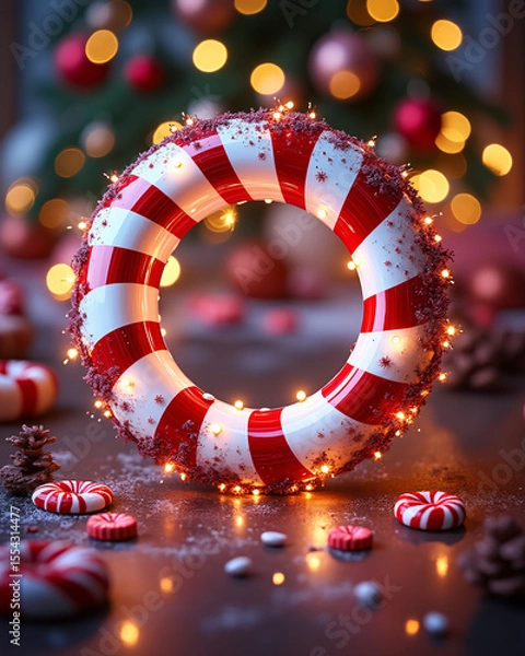 Fototapeta Festive Holiday Candy Cane Wreath with Sparkling Lights and Blurred Christmas Tree