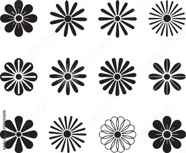 Fototapeta Collection of simple black flower icons with varying petal counts and shapes