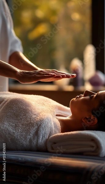 Obraz Reiki Healing Session in Bright Wellness Studio – Female Therapist Practicing Reiki Above Full Body of Female Client on Massage Table, Covered with White Towel