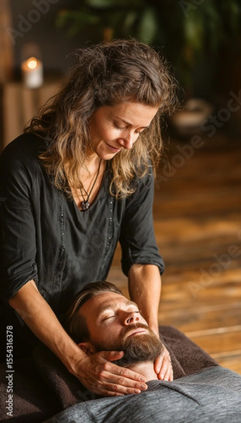 Obraz Reiki Session in Minimalist Zen Spa – Female Therapist Practicing Reiki Over Male Client Lying Face-Up on Massage Table, Slight Uncertainty in Client's Expression