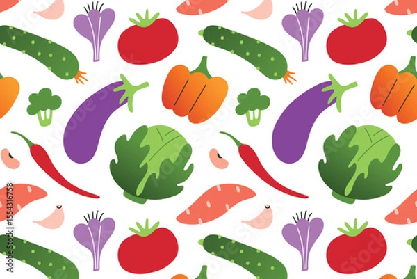 Fototapeta Flat cartoon vector illustration pattern with fresh vegetables in colorful doodle style. Eggplant, cabbage, tomato for eco friendly packaging, healthy food design, farming, kitchen and nutrition theme