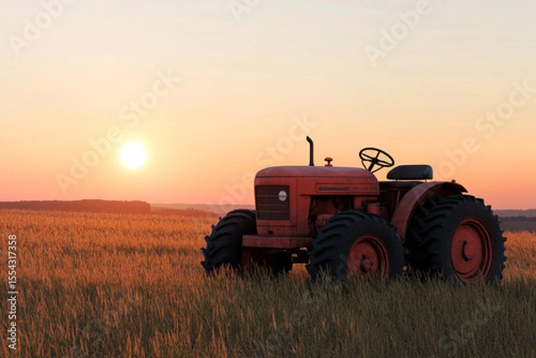 Obraz Red Tractor in a Field at Sunset