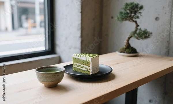 Fototapeta Japanese dessert scene with layered matcha cake and hot tea in modern cafe interior