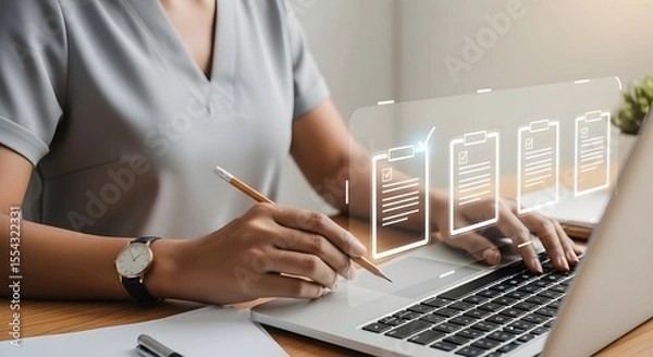 Fototapeta Document Approval Process - Woman Typing on Laptop with Digital Checklist | Business Workflow, Project Management, and Compliance Illustration for Corporate Presentations
