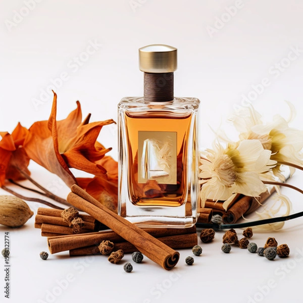 Fototapeta A transparent bottle of essential oil with a black lid sits on a white background, surrounded by cinnamon sticks and star anise, representing aromatherapy and natural wellness.