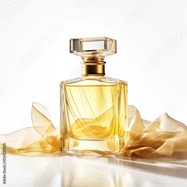 Fototapeta A transparent perfume bottle with a golden cap is isolated on a white background. The bottle has a simple, elegant design and is perfect for displaying your favorite fragrance.