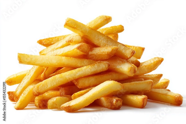 Fototapeta Realistic photograph of a towering stack of golden brown french fries, isolated on white background