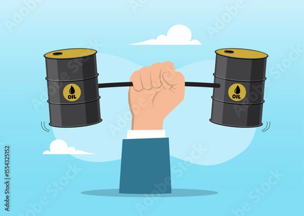Fototapeta A strong hand lifting a barbell with oil barrels as weights