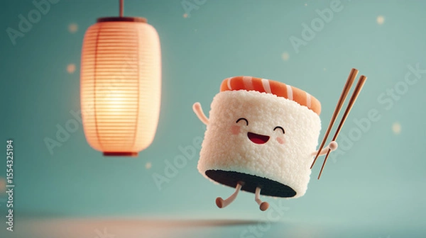 Fototapeta Cute character smiling sushi with lantern 