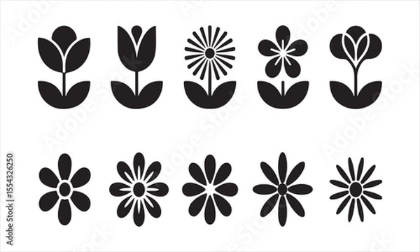Fototapeta Collection of simple black flower icons on a white background