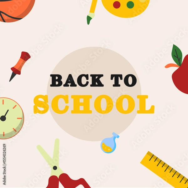 Fototapeta Vector set of school supplies including basketball, ruler, apple, clock, pencil, paint palette, scissors, screwdriver, and laboratory flask. Ideal for educational projects, school posters, web,