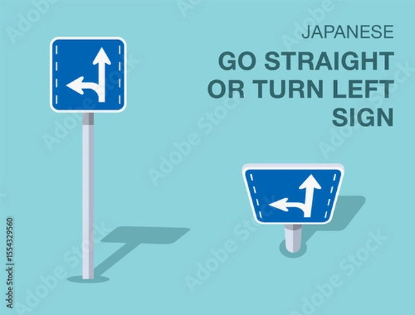Fototapeta Traffic regulation rules. Isolated japanese "go straight or turn left" road sign. Front and top view. Flat vector illustration template.