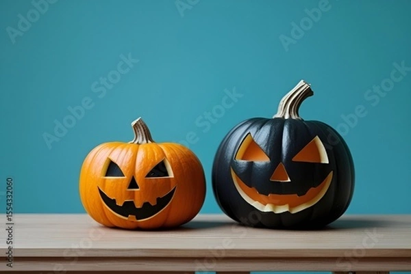 Obraz Happy Halloween Pumpkins on Wooden Table with Teal Background