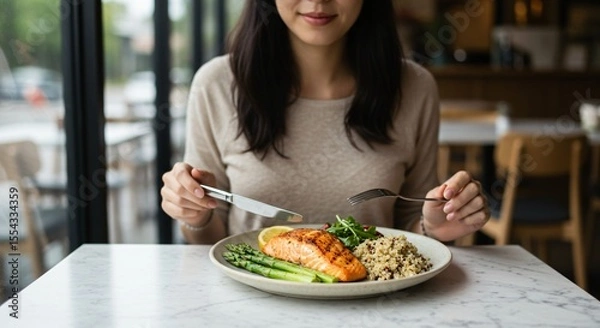Fototapeta Low Calorie Lunch Ordered in Casual Setting to Support Weight Loss and Healthy Habits