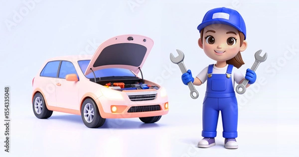 Obraz 車の修理・点検はお任せ！笑顔の女性整備士が案内する安心カーライフ。自動車メンテナンス、車検、故障診断、ロードサービス、中古車点検、初心者向けガイドに使える、親しみやすい高品質イラスト素材。ディーラー、修理工場、ガソリンスタンド、自動車学校、保険会社の広告、ウェブサイト、ブログ、パンフレットに最適。