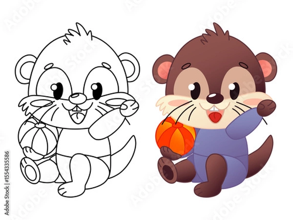 Fototapeta Cute cartoon character otter, one in outline and one in color, sits holding an orange beach ball. The otter has a brown body and a purple costume. Vector illustration