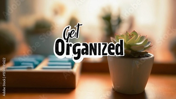 Fototapeta Encouraging text "Get Organized" overlaying a soft-focus office space, used for promoting time management and workflow tips.