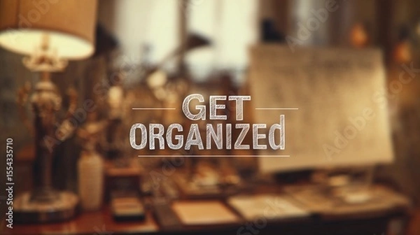 Fototapeta Encouraging text "Get Organized" overlaying a soft-focus office space, used for promoting time management and workflow tips.