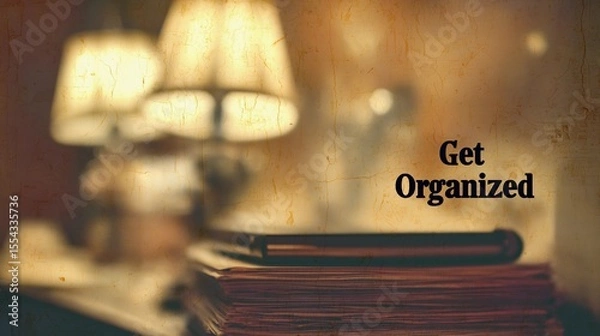 Fototapeta Encouraging text "Get Organized" overlaying a soft-focus office space, used for promoting time management and workflow tips.