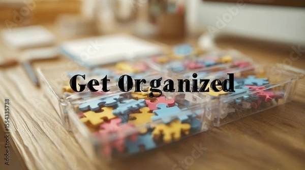 Fototapeta Encouraging text "Get Organized" overlaying a soft-focus office space, used for promoting time management and workflow tips.
