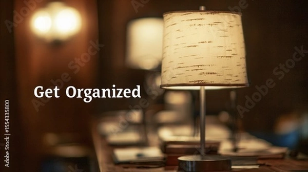 Fototapeta Encouraging text "Get Organized" overlaying a soft-focus office space, used for promoting time management and workflow tips.