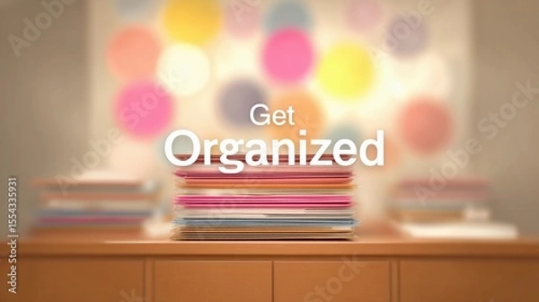 Fototapeta Encouraging text "Get Organized" overlaying a soft-focus office space, used for promoting time management and workflow tips.