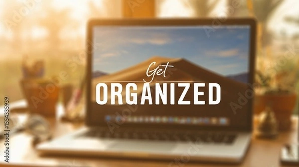Fototapeta Encouraging text "Get Organized" overlaying a soft-focus office space, used for promoting time management and workflow tips.