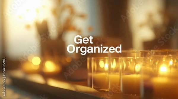 Fototapeta Encouraging text "Get Organized" overlaying a soft-focus office space, used for promoting time management and workflow tips.