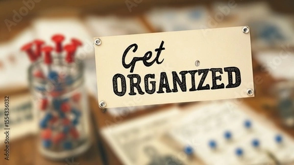 Fototapeta Encouraging text "Get Organized" overlaying a soft-focus office space, used for promoting time management and workflow tips.
