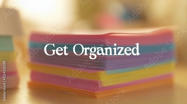 Fototapeta Encouraging text "Get Organized" overlaying a soft-focus office space, used for promoting time management and workflow tips.