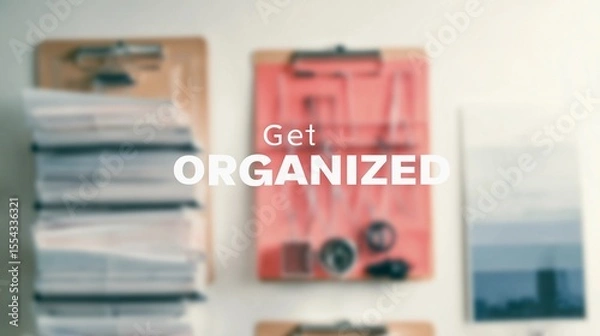 Fototapeta Encouraging text "Get Organized" overlaying a soft-focus office space, used for promoting time management and workflow tips.