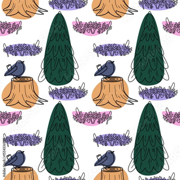 Fototapeta A seamless pattern featuring green trees, purple flowers, and a small bird perched on a tree stump. The design is colorful and nature-inspired.