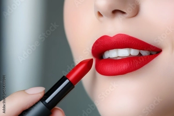 Fototapeta Close-up of a woman applying vibrant red lipstick, showcasing glossy lips and a flawless smile, with a soft blurred background enhancing the beauty routine concept