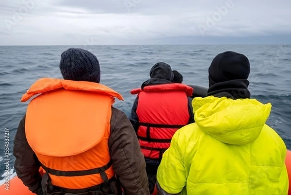 Fototapeta Small inflatable craft navigates choppy waves, where protection becomes vital concept, protection binds travelers in shared purpose, protection highlights crucial aspect of border challenges