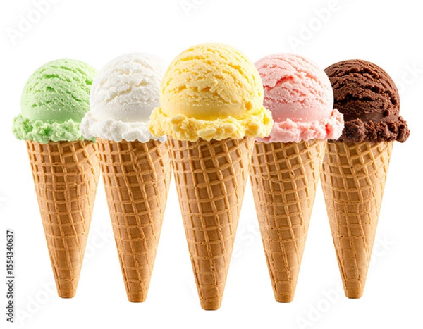 Fototapeta Five colorful ice cream cones arranged in a row on a black background