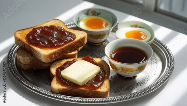 Fototapeta A warm and inviting Kaya toast set from Singapore