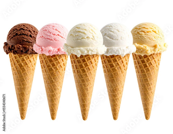 Fototapeta Five colorful ice cream cones arranged in a row on a black background